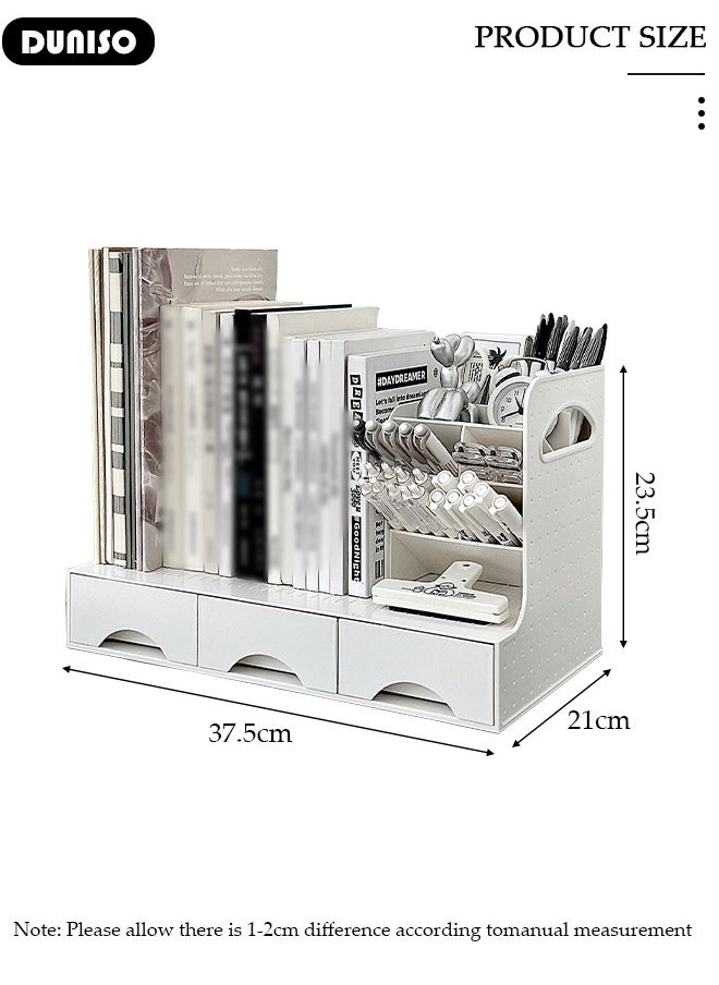 DUNISO Desk Storage Organizer and Accessories, Office Desktop Organizer, Pencil Pen Holder Storage Organize,Drawer Type Shelf with 3 Drawers +  Pen Holders + Bookshelf for Office, School, Household Supplies  - Image 2