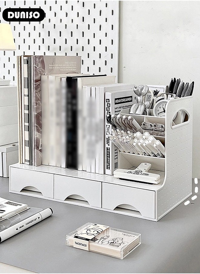 DUNISO Desk Storage Organizer and Accessories, Office Desktop Organizer, Pencil Pen Holder Storage Organize,Drawer Type Shelf with 3 Drawers +  Pen Holders + Bookshelf for Office, School, Household Supplies  - Image 3