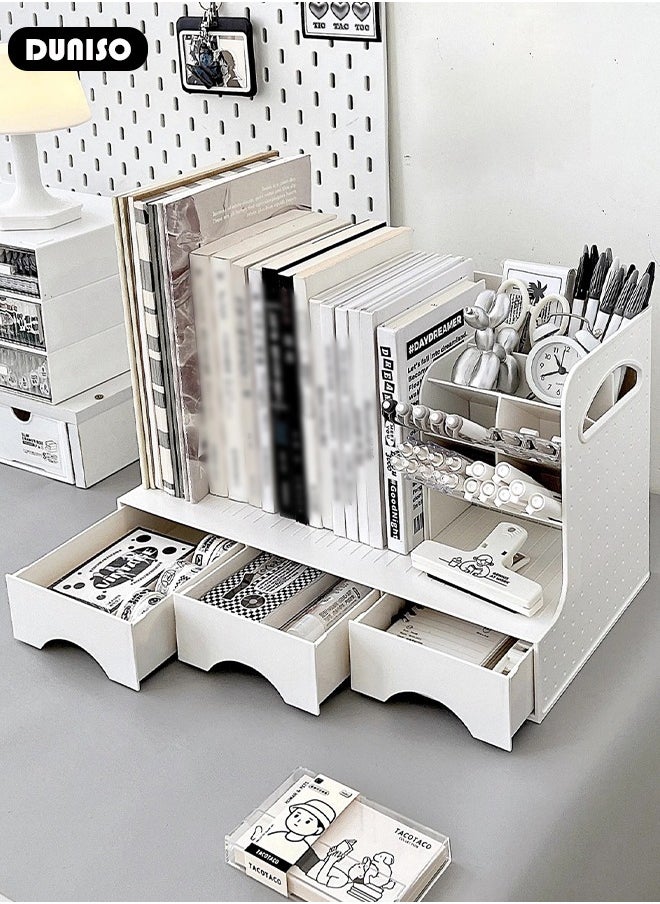 DUNISO Desk Storage Organizer and Accessories, Office Desktop Organizer, Pencil Pen Holder Storage Organize,Drawer Type Shelf with 3 Drawers +  Pen Holders + Bookshelf for Office, School, Household Supplies  - Image 5