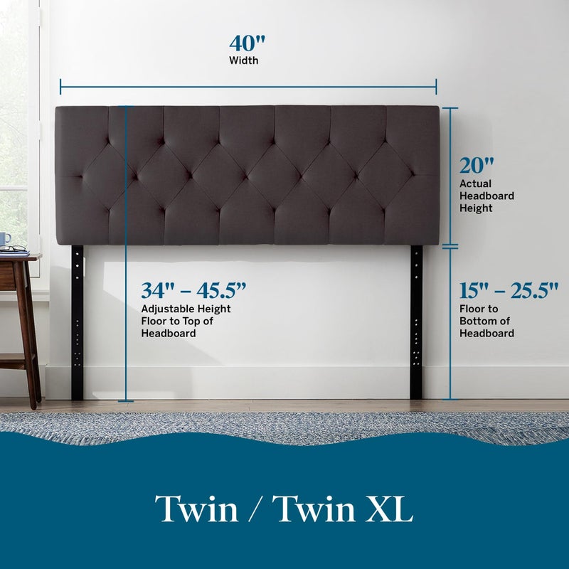Lucid Mid-Rise Upholstered Headboard - Diamond Tufted - Padded Polyester - Adjustable Height from 34â€ to 46â€ - Easy Assembly - Bed Frame or Wall Mount - Sturdy - Charcoal - Twin / Twin XL Size - Image 2