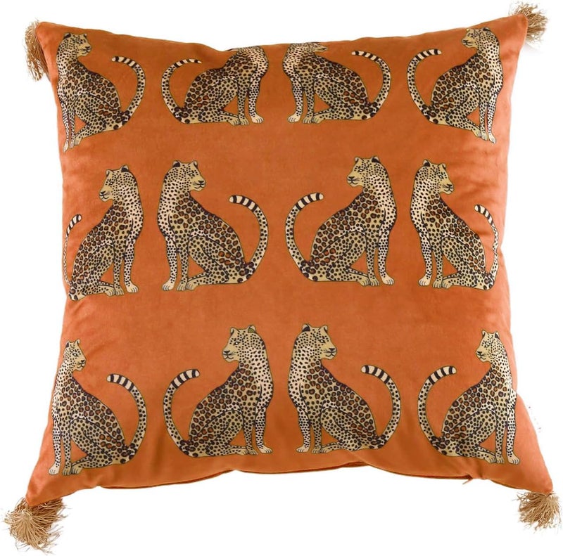 XSlive Fall Square Decorative Throw Pillow Cover with Tassels Leopard Pattern Cushion Cover Luxury Style Soft Velvet Pillowcase for Sofa Couch Bedroom (18"x18",Orange) - Image 1