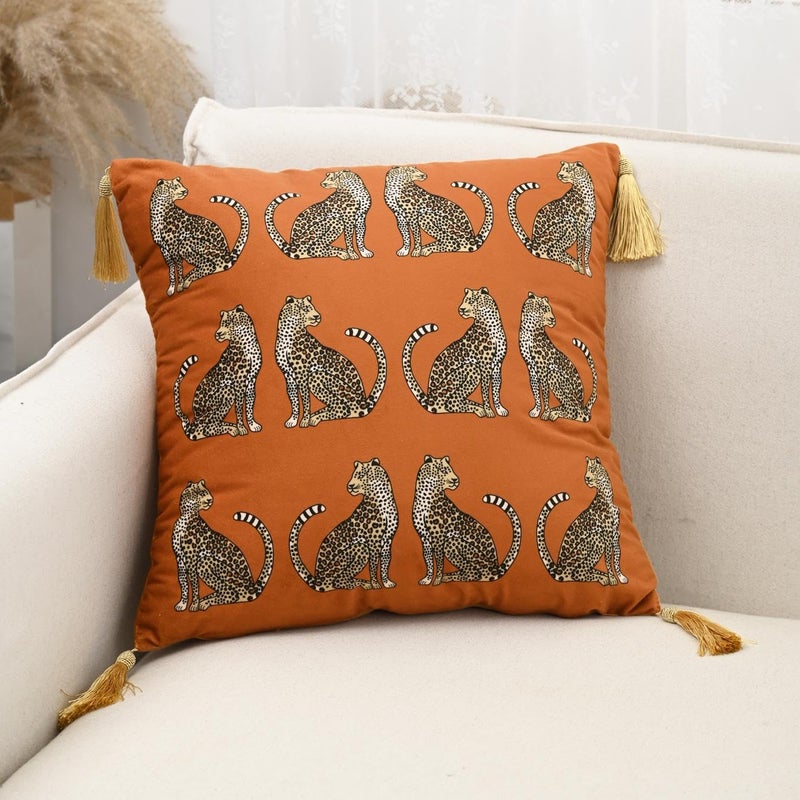XSlive Fall Square Decorative Throw Pillow Cover with Tassels Leopard Pattern Cushion Cover Luxury Style Soft Velvet Pillowcase for Sofa Couch Bedroom (18"x18",Orange) - Image 2