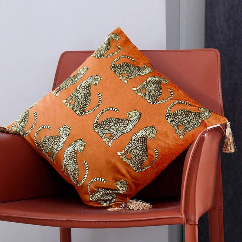 XSlive Fall Square Decorative Throw Pillow Cover with Tassels Leopard Pattern Cushion Cover Luxury Style Soft Velvet Pillowcase for Sofa Couch Bedroom (18"x18",Orange) - Image 3