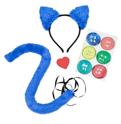 Merroyal Cat Ears Headband Balck Tail Set Halloween Accessory Cat Costume Accessories (Blue Headband+Tail+Love Clip) - Image 1