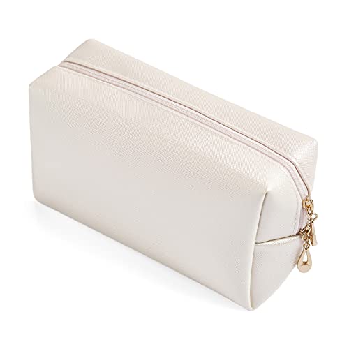 Sohynca PU Leather Cosmetic Bag for Women Minimalism Makeup Bag for Daily Use Portable Storage Purse Small Neat Cosmetic Pouch Water-resistant Toiletry Bag for Travel (Ivory White) - Image 1