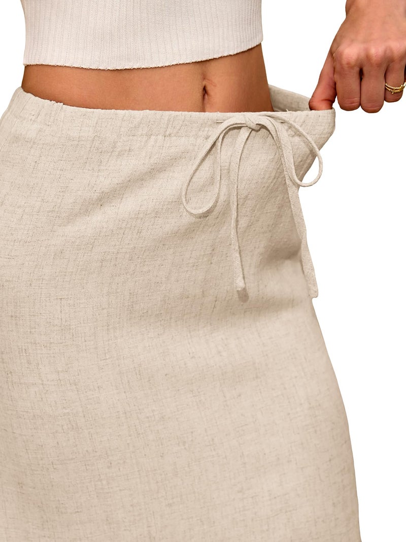 ELLEVEN Linen Maxi Long Flowy Skirt for Women Trendy Summer with Slit Elastic Waist Drawstring Casual Beach Holiday Low Rise Cotton Sexy Curvy Boho Mermaid Skirts Floor Ankle Length Beige Small - Image 5