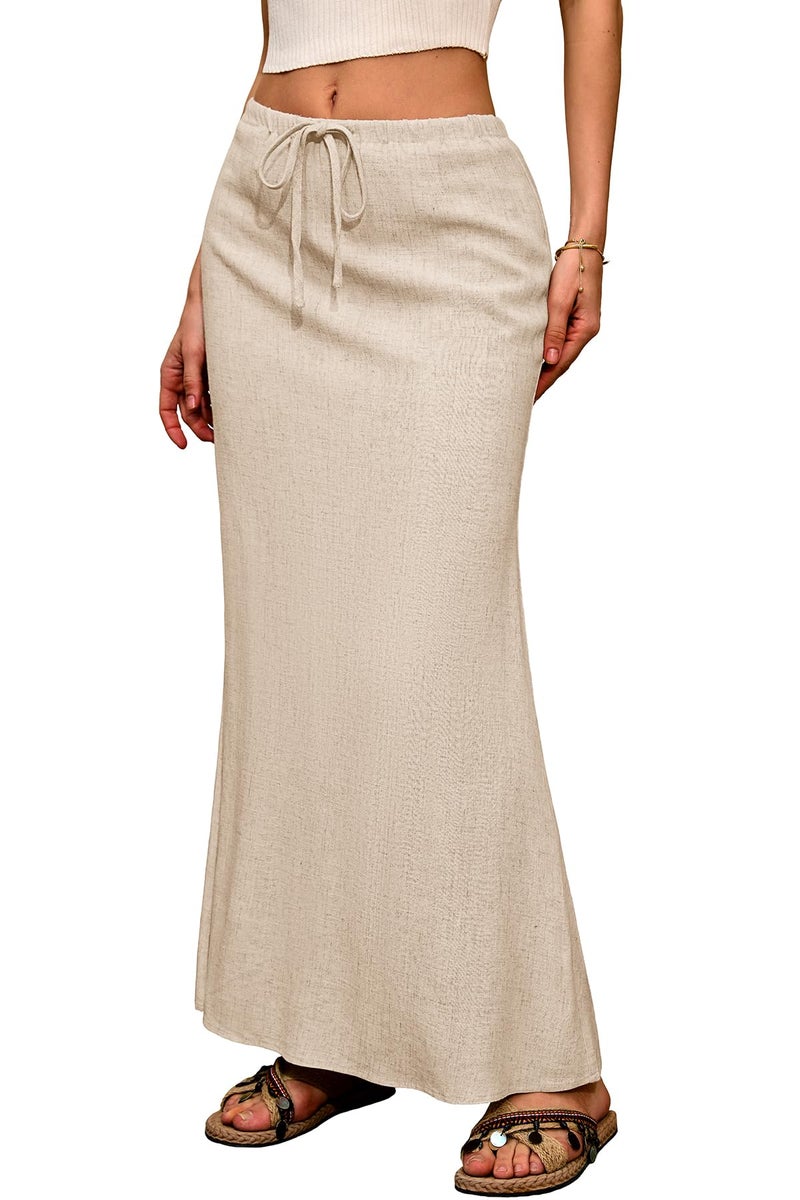 ELLEVEN Linen Maxi Long Flowy Skirt for Women Trendy Summer with Slit Elastic Waist Drawstring Casual Beach Holiday Low Rise Cotton Sexy Curvy Boho Mermaid Skirts Floor Ankle Length Beige Small - Image 1