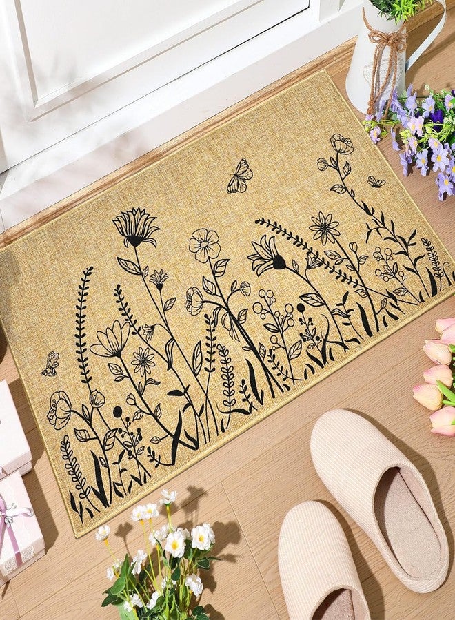 Kazova Wildflower Doormat Outdoor Indoor Welcome Entrance Doormat Front Back Door Black Floral Small Flower Door Mat Inside Outside Non-Slip Entryway Hallway Floor Mat Welcome Housewarming Gift Mat - Image 1