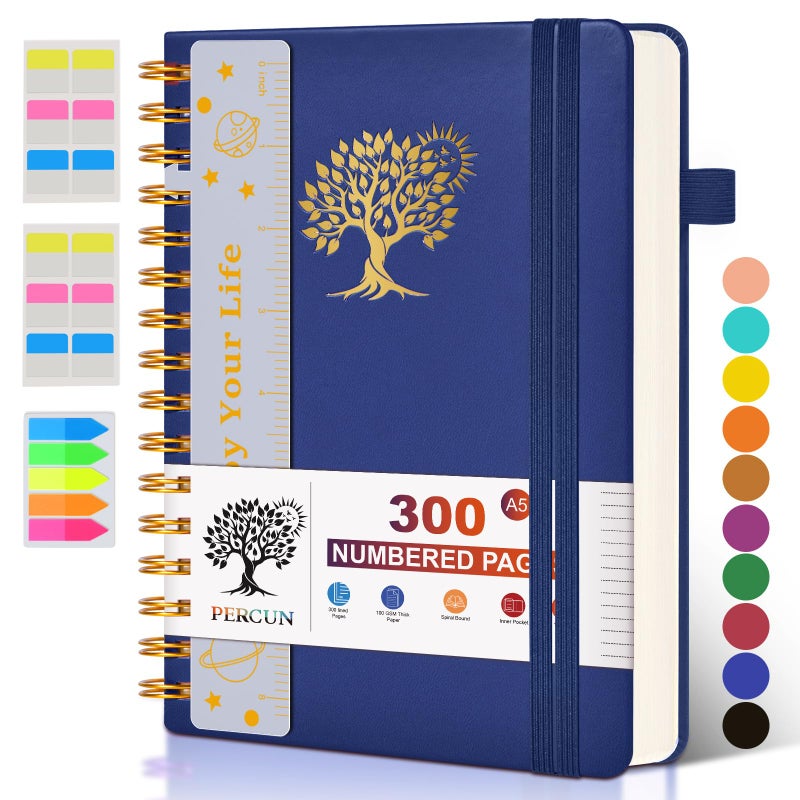 PERCUN Spiral Notebook Journal for Women Men, 300 Numbered Lined Pages, College Ruled, A5 Hardcover Spiral Bound Notebook for School, Work, Note Taking Writing, Leather Spiral Journal Medium 5.9"x8.5" - Image 1