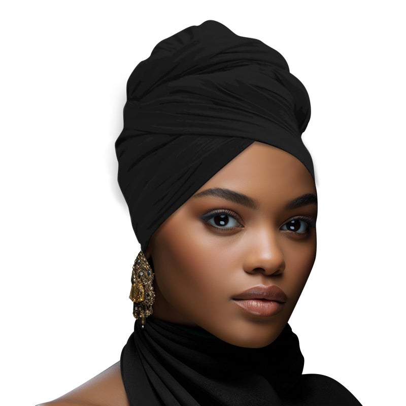 ARKBAODAN Stretch African Head Wraps for Black Women - Long Jersey Turban Headwraps, Head Scarf, Headbands (Black) - Image 1