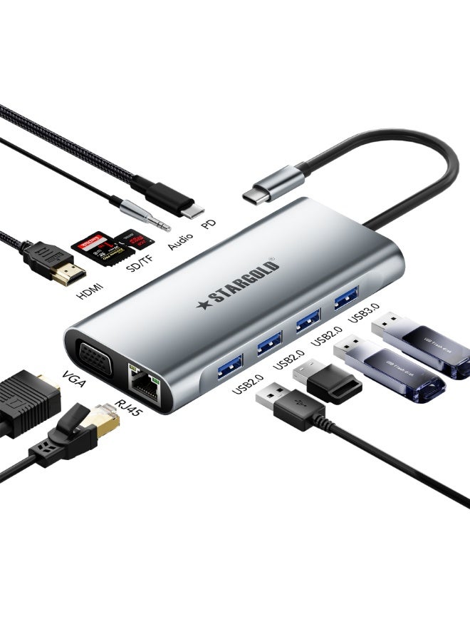 STARGOLD 11-in-1 USB C Docking Station for Laptop - Dual 4K HDMI & VGA Triple Display, 100W PD Fast Charge, Ethernet RJ45, USB 3.0 Hub, SD/TF Card Reader - Type C Notebook Docking System for MacBook Pro/Air, ThinkPad, Dell, HP PC & Gaming - Universal USB Type C Dock - Image 1