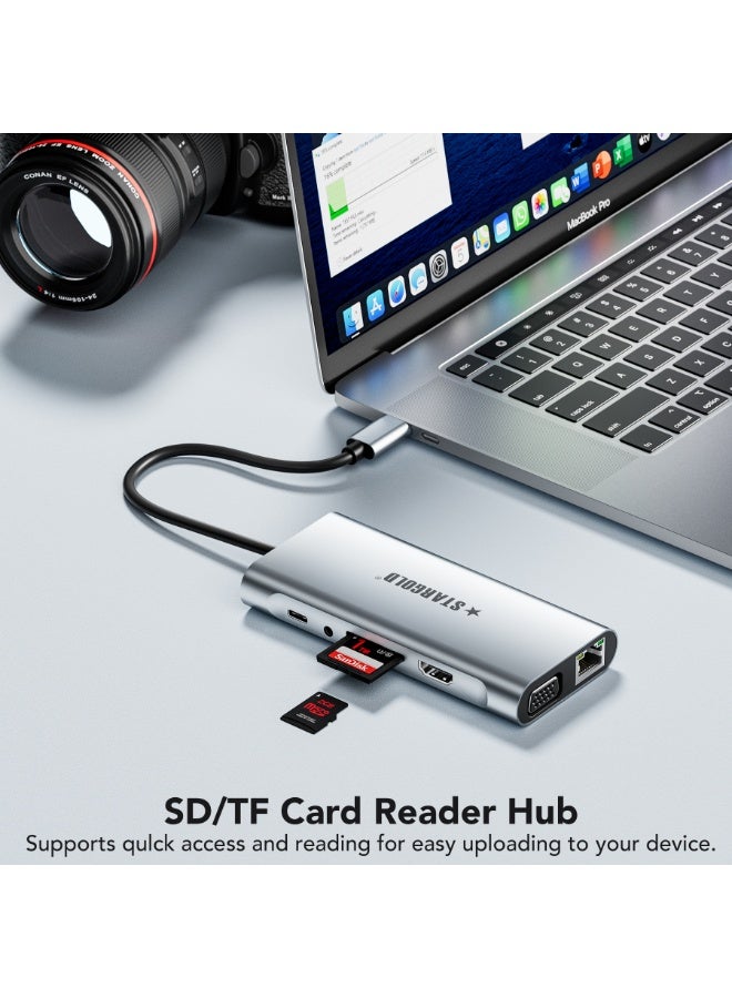 STARGOLD 11-in-1 USB C Docking Station for Laptop - Dual 4K HDMI & VGA Triple Display, 100W PD Fast Charge, Ethernet RJ45, USB 3.0 Hub, SD/TF Card Reader - Type C Notebook Docking System for MacBook Pro/Air, ThinkPad, Dell, HP PC & Gaming - Universal USB Type C Dock - Image 2