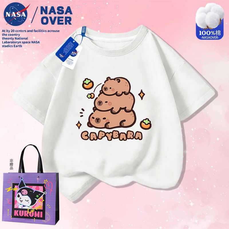 Nasa Co-Brand Capibala Capybara Cartoon Q Edition Pure Cotton Short-Sleeved T-Shirt New Summer Top For Middle And Large Children - Image 2