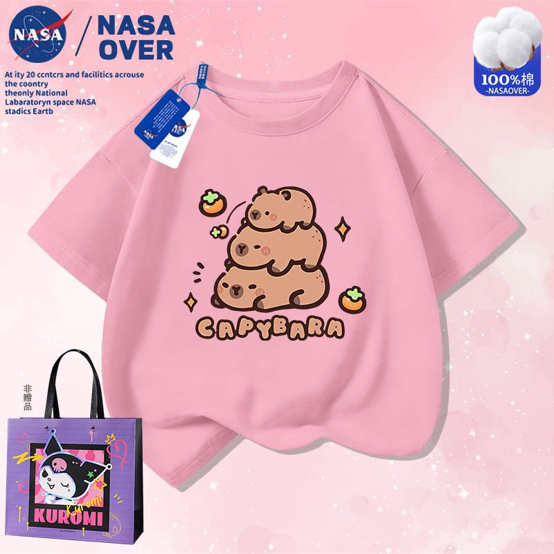 Nasa Co-Brand Capibala Capybara Cartoon Q Edition Pure Cotton Short-Sleeved T-Shirt New Summer Top For Middle And Large Children - Image 3