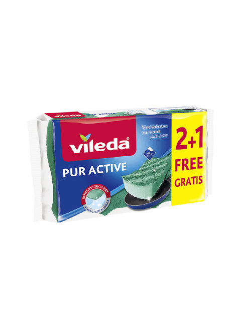 Pur Active Dishwashing Sponge, antibacterial, Teflon-friendly, Eco-friendly, Green, 3 Pcs