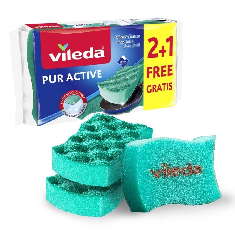 Vileda Pur Active medium foam cleaning scourer with unique non-scratching technology, clean delicate surfaces, pack of 2+1, high absorption, ergonomic design - Image 1