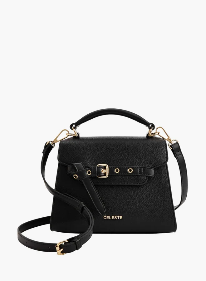 Celeste Women Textured Satchel Bag with Buckle Accent and Snap Button Closure