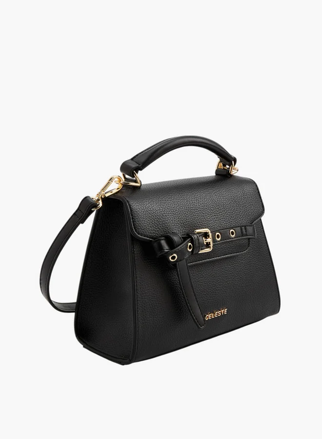 Celeste Women Textured Satchel Bag with Buckle Accent and Snap Button Closure