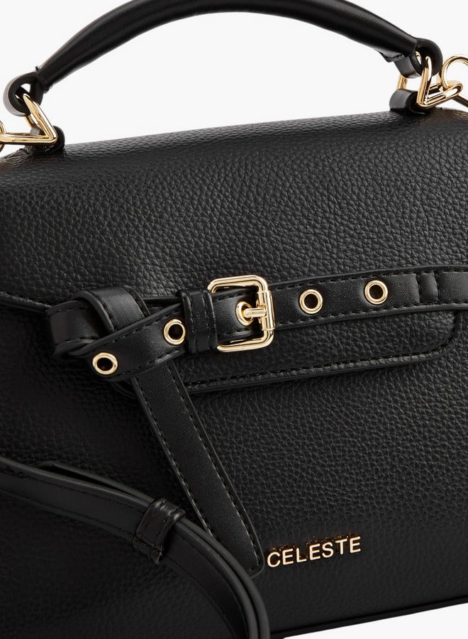 Celeste Women Textured Satchel Bag with Buckle Accent and Snap Button Closure  - Image 4