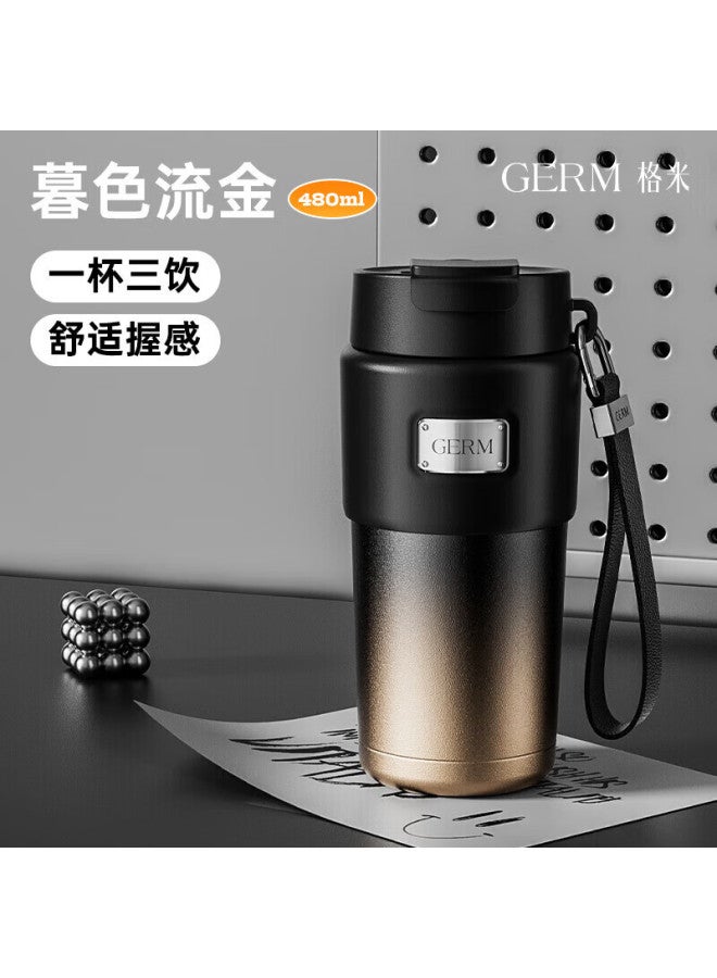 Germ Double-drink Insulated Tumbler Uni Trendy Coffee Cup Straw Water Bottle Portable Office Car Cup 480ml Golden Flow