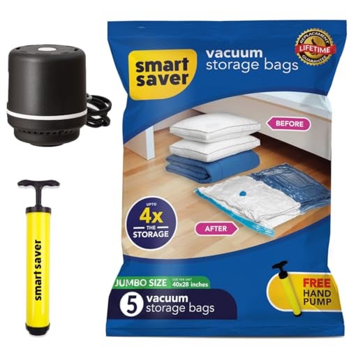 Smart Saver 5 Pack Jumbo(70x100) cm Vacuum Bags for Travel, Space Saver bags with Electric Pump Storage Bag for Clothes, Bedding, Pillows, Comforters, Airtight Reusable Packing Ziplocks - Image 1