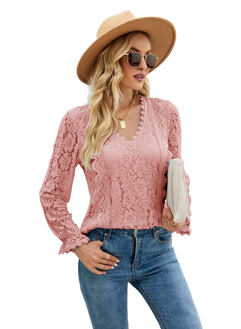 Loquat Solid Colour Cut-Out Lace V-Neck Long Sleeve Lace Top Pink  - Image 1