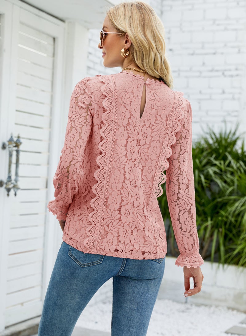 Loquat Solid Colour Cut-Out Lace V-Neck Long Sleeve Lace Top Pink  - Image 2
