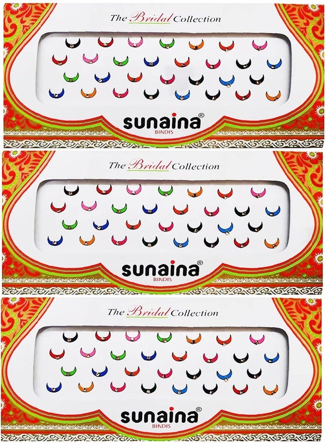 Sunaina Traditional Chand (Half Moon) Multicolour Velvet Bindi With Golden Stone For Women & Girl (Size-1) - Image 1