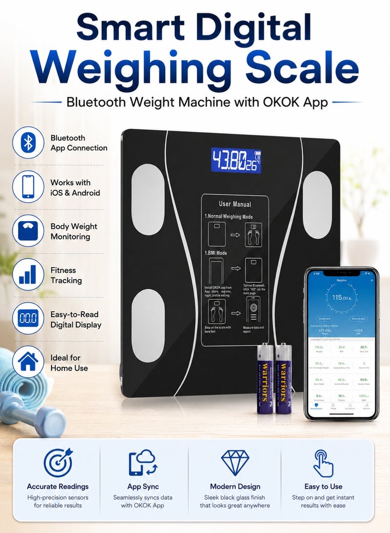 Smart Digital Weighing Scale for Body Weight - Bluetooth Weight Machine with OKOK App for iOS & Android, Scale for Body Monitoring - Digital Weighing Scale for Home, Kitchen & Fitness Tracking