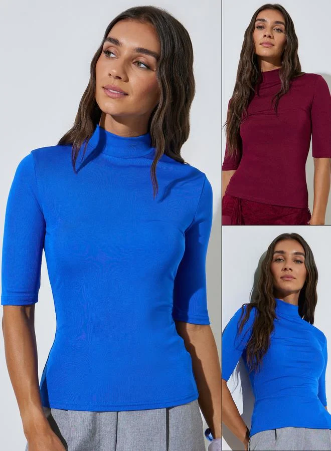 Styli Pack of 2 - High Neck Half Sleeve Fitted Knit Top