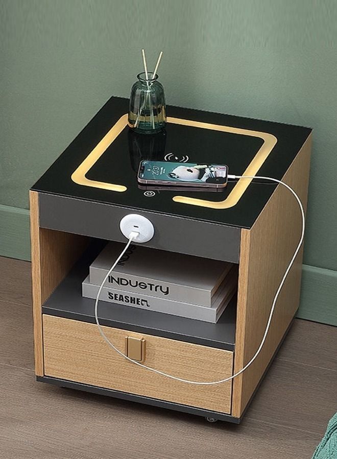 سي آند سي هوم متعدد الوظائف المنقولة الذكية شحن لاسلكي تصميم حديث يتميز بضوء طاولة جانبية مع تخزين درج لغرفة النوم 38x38x48 سم (مجمعة بالكامل) - Image 1