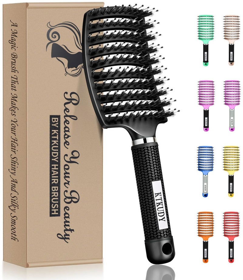 KTKUDY Detangling Brush Boar Bristles Hair Brush Make Hair Shiny  Healthier Curved and Vented Detangler Brush for Women Men Kids Wet  Dry Hair Black