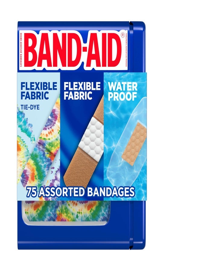BAND-AID Brand Adhesive Bandages Variety Pack Tin, Assorted Sterile Care for Minor Wounds, Flexible Fabric, Tie-Dye & Waterproof Protection, First Aid Kit Essentials, Non-Stick Hurt-Free Pad, 75 Count - Image 1
