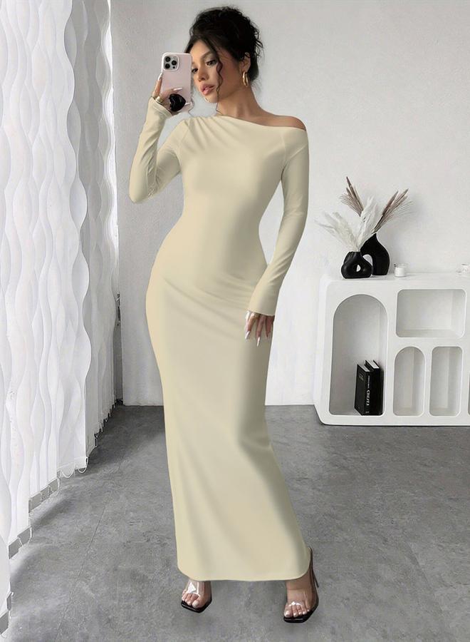 Take Two Solid Beige Bodycon Maxi Dress - Image 5