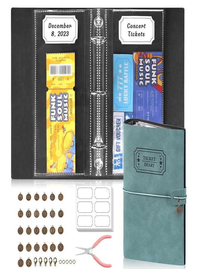 MSHUNKEJI Blue PU Leather Ticket Stub Diary 3 Hole Ticket Stub Holder Album 6 x 9 Inch Ticket Stub Organizer with 40 PVC Pockets 42 DIY Stickies 26 Letter Charms for Collect Movie Concert Tickets Receipts - Image 1