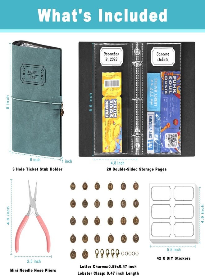 MSHUNKEJI Blue PU Leather Ticket Stub Diary 3 Hole Ticket Stub Holder Album 6 x 9 Inch Ticket Stub Organizer with 40 PVC Pockets 42 DIY Stickies 26 Letter Charms for Collect Movie Concert Tickets Receipts - Image 2