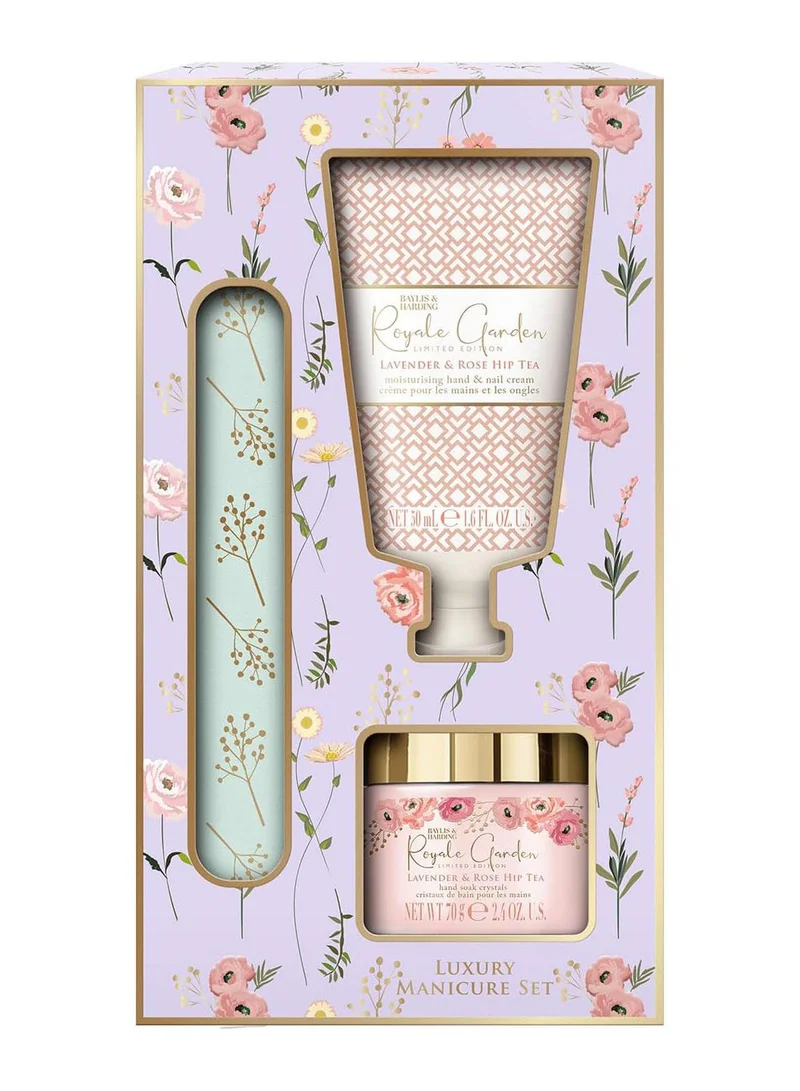 Baylis & Harding Royale Garden Lavender and Rosehip Tea Luxury Manicure Gift Set | Hand Soak Crystals, Hand and Nail Cream and Nail File | Spa-Inspired Hand and Nail Care | Vegan Friendly and Cruelty Free Gift for Women