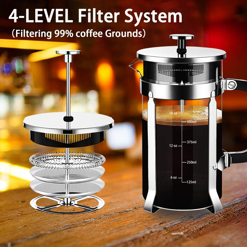 YMMIND French Press Coffee Maker 304 Stainless Steel Coffee Press,with 4 Filters System, Heat Resistant Thickness Borosilicate French Press Glass, BPA-Free Brewed Tea Pot Coffee Plunger(Copper 12oz) - Image 2