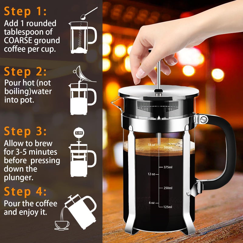 YMMIND French Press Coffee Maker 304 Stainless Steel Coffee Press,with 4 Filters System, Heat Resistant Thickness Borosilicate French Press Glass, BPA-Free Brewed Tea Pot Coffee Plunger(Copper 12oz) - Image 5