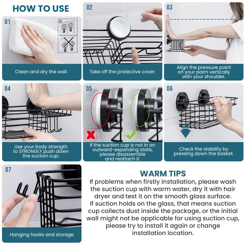 TAILI Shower Caddy Suction Cup 2 Pack with Hooks and Soap holder, Heavy Duty Shower Organizer for Bathroom, No Drilling Bathroom Organizer with Large Capacity, Black Metal Storage Basket - Image 4