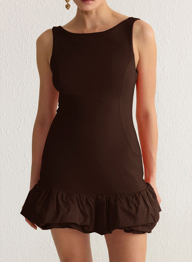 trendyol Brown Balloon Skirt Detailed Woven Short Dress with Shorts Lining  - Image 3