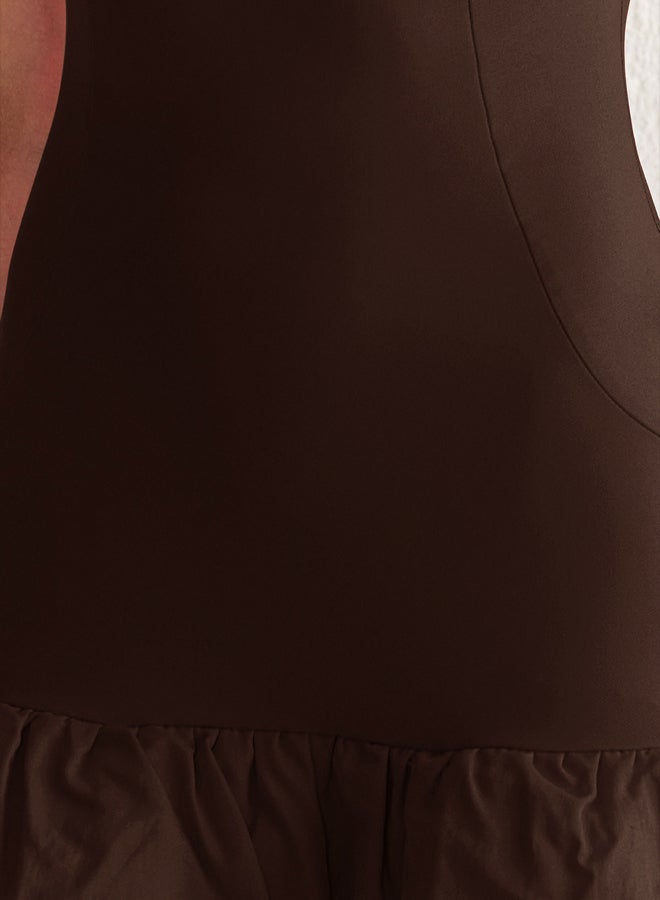 trendyol Brown Balloon Skirt Detailed Woven Short Dress with Shorts Lining  - Image 4