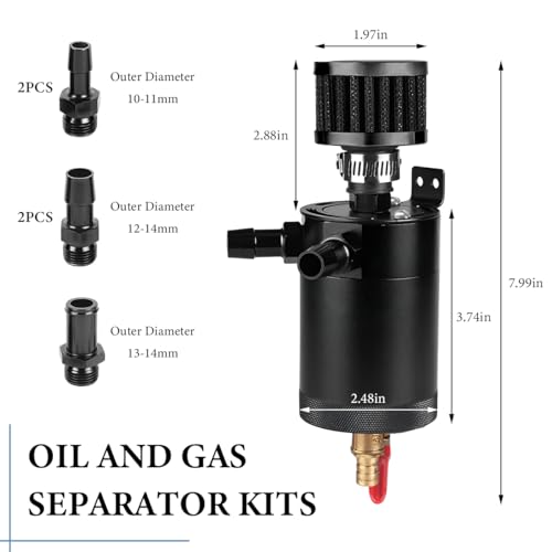 ZNDAW Oil Catch Can Kit, 2-Port Oil Separator Reservoir Tank with Breather Filter Drain Valve, Universal 150ml Billet Aluminum Baffled Catch Can with 5 Adapters, Car Accessories - Image 2