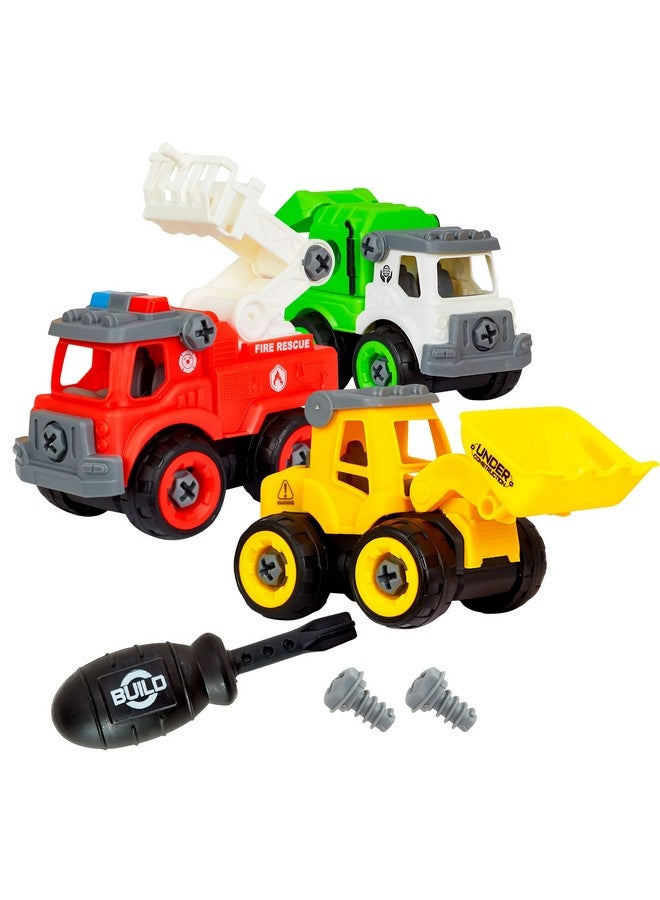 Flybar Power Gearz Take Apart Toy With Screwdriver And Screws 3 Pack Truck Set For Boys And Girls Fire Truck Construction Truck Garbage Truck Vehicle Set Building Toys For Kids Ages 35 - Image 1