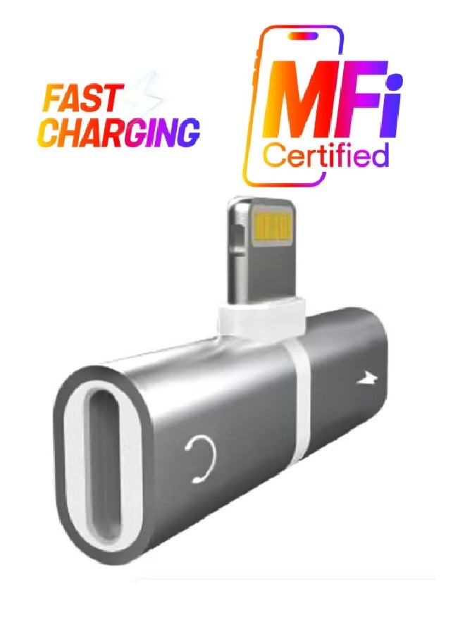 محول وموزع كابل صوت وشحن مزدوج بتقنية Lightning لأجهزة iPhone، مزود بموصل Lightning، لون فضي
