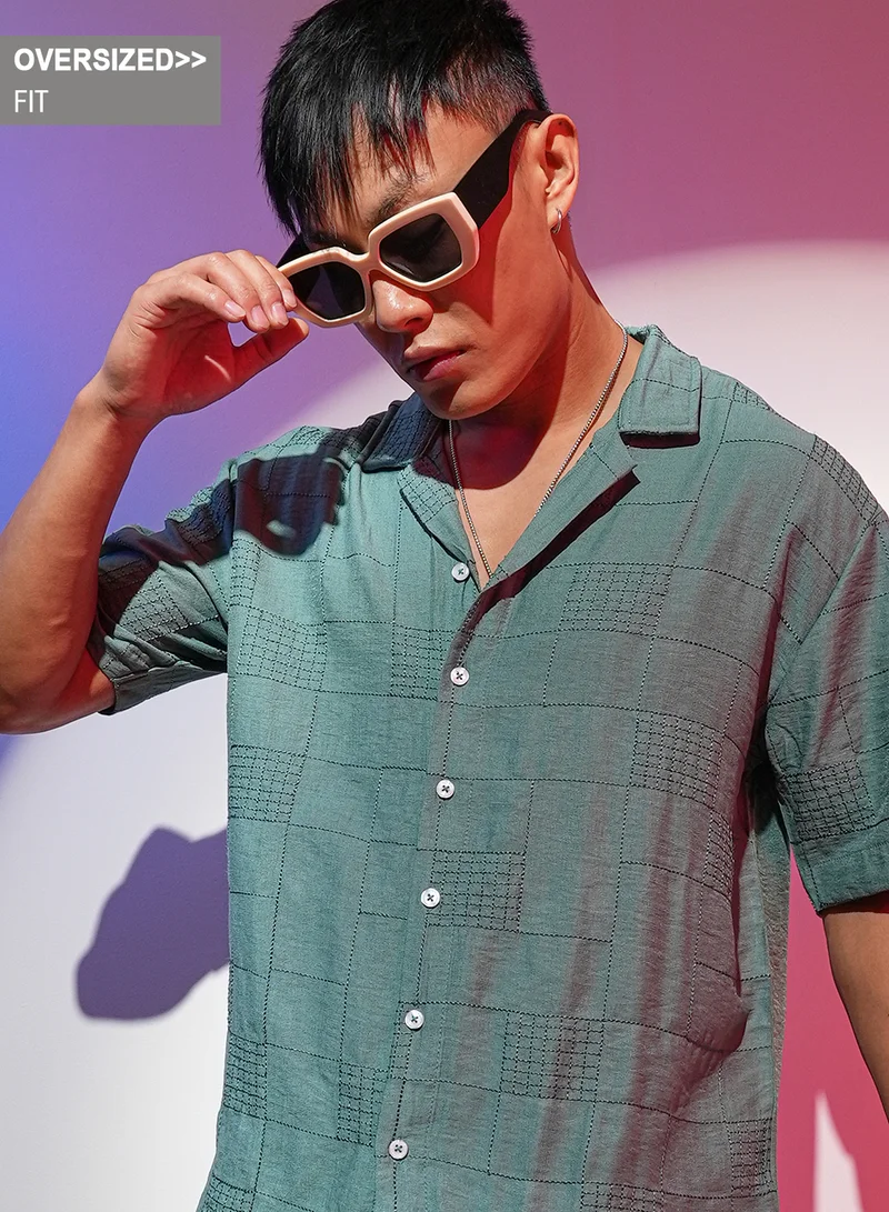 Campus Sutra Campus Sutra Men's Sea Green Graph-Tactile Oversized Shirt For Casual Wear | Cuban Collar | Short Sleeve | Button Closure | Oversized Shirt Crafted With Comfort Fit For Everyday Wear