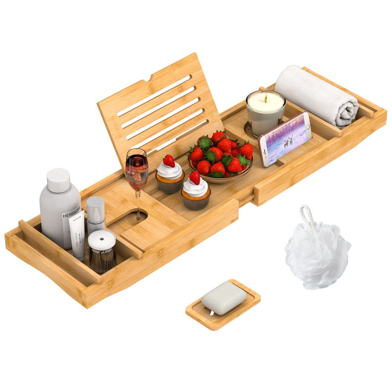 Zhuoyue Bamboo Bathtub Tray for Luxury Bathroom Expandable Premium Bath Tray wSoap Towel Book Holder Adjustable Bath Accessories for TubExtendable Tub Tray wWine Glass Cup Organizer 295433 Nature 