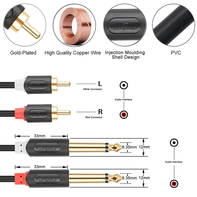 J&D Dual 1/4 inch TS to Dual RCA Stereo Audio Interconnect Cable, Gold Plated Audiowave Series 2 x 6.35 mm Male TS to 2 RCA Male Patch Cord for Speakers, Home Audio Systems, Amplifiers, 15 Feet - Image 2