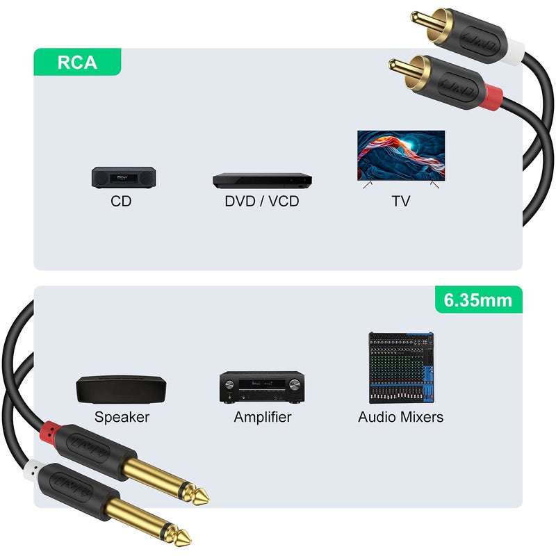 J&D Dual 1/4 inch TS to Dual RCA Stereo Audio Interconnect Cable, Gold Plated Audiowave Series 2 x 6.35 mm Male TS to 2 RCA Male Patch Cord for Speakers, Home Audio Systems, Amplifiers, 15 Feet - Image 3