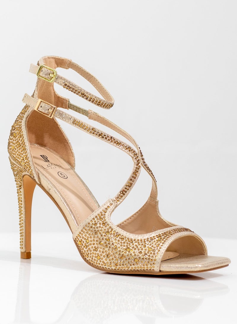 LAMARAPARIS Ekani studded asym bands 10cm heel sandal champagne